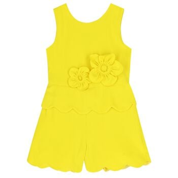 Girls Yellow 3D Flowed Crepe Playsuit