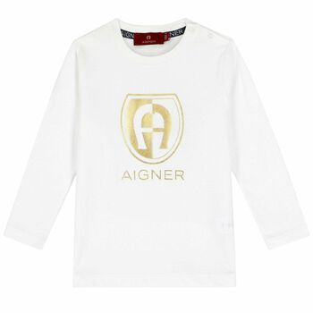 Younger Boys White & Gold Logo Long Sleeve Top
