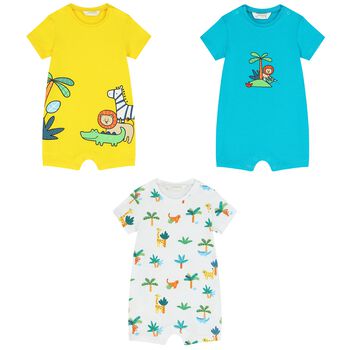 Baby Boys White, Yellow & Blue Rompers ( 3-Pack )
