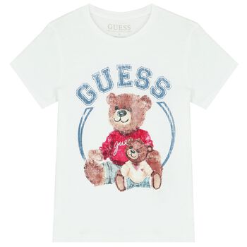 Girls White Logo Teddy Bear T-Shirt