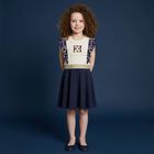 Girls Ivory & Navy Blue Ruffled Dress, 1, hi-res