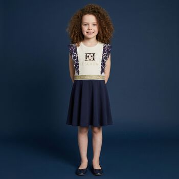 Girls Ivory & Navy Blue Ruffled Dress