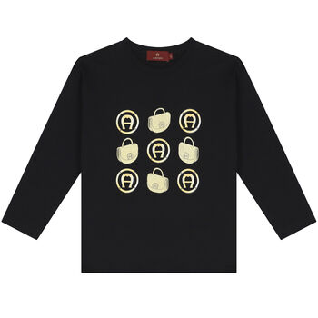 Girls Black Logo Long Sleeve Top