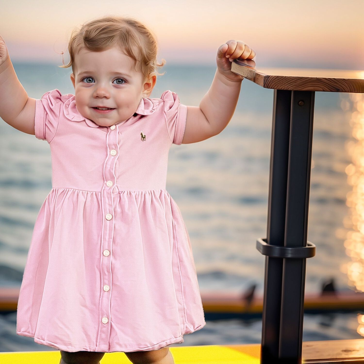 طقم فستان بولو بنات بالشعار باللون الوردي, 1, hi-res