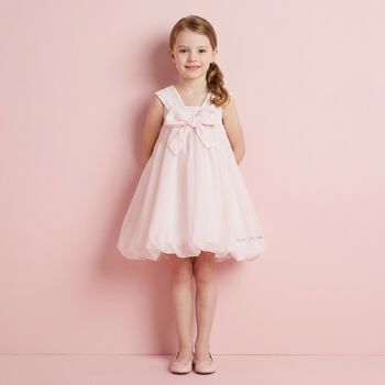 فستان للبنات مزين بفيونكة من الأورجانزا  باللون وردي