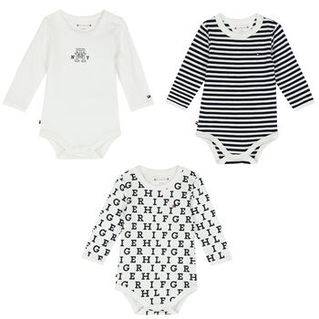 Baby Boys White & Navy Blue Logo Bodysuits (3-Pack)