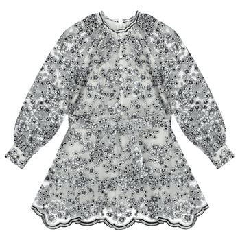 Girls White & Black Embroidered Floral Dress