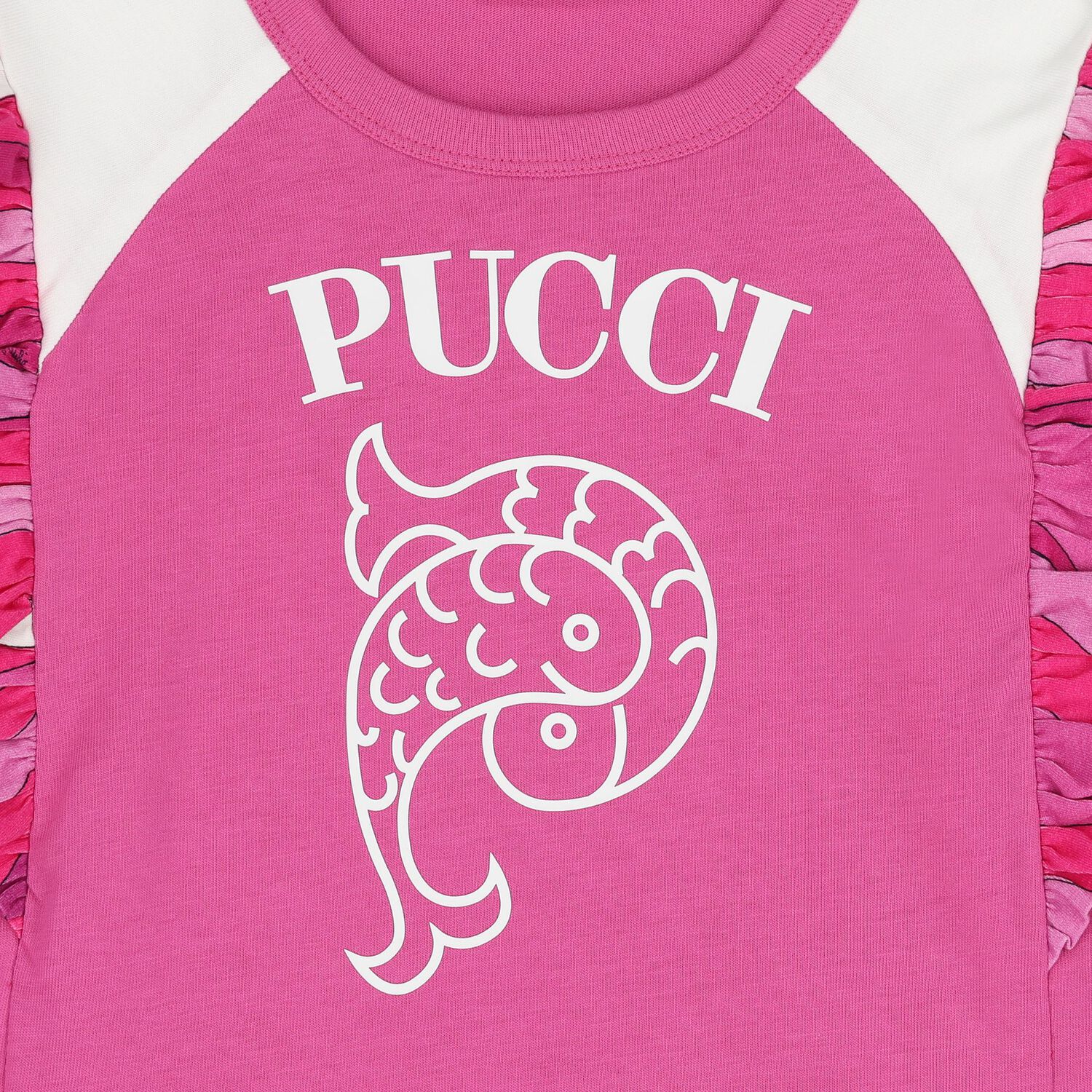 تيشيرت للبنات باللون وردي مزين بكشكشة وشعار, 1, hi-res