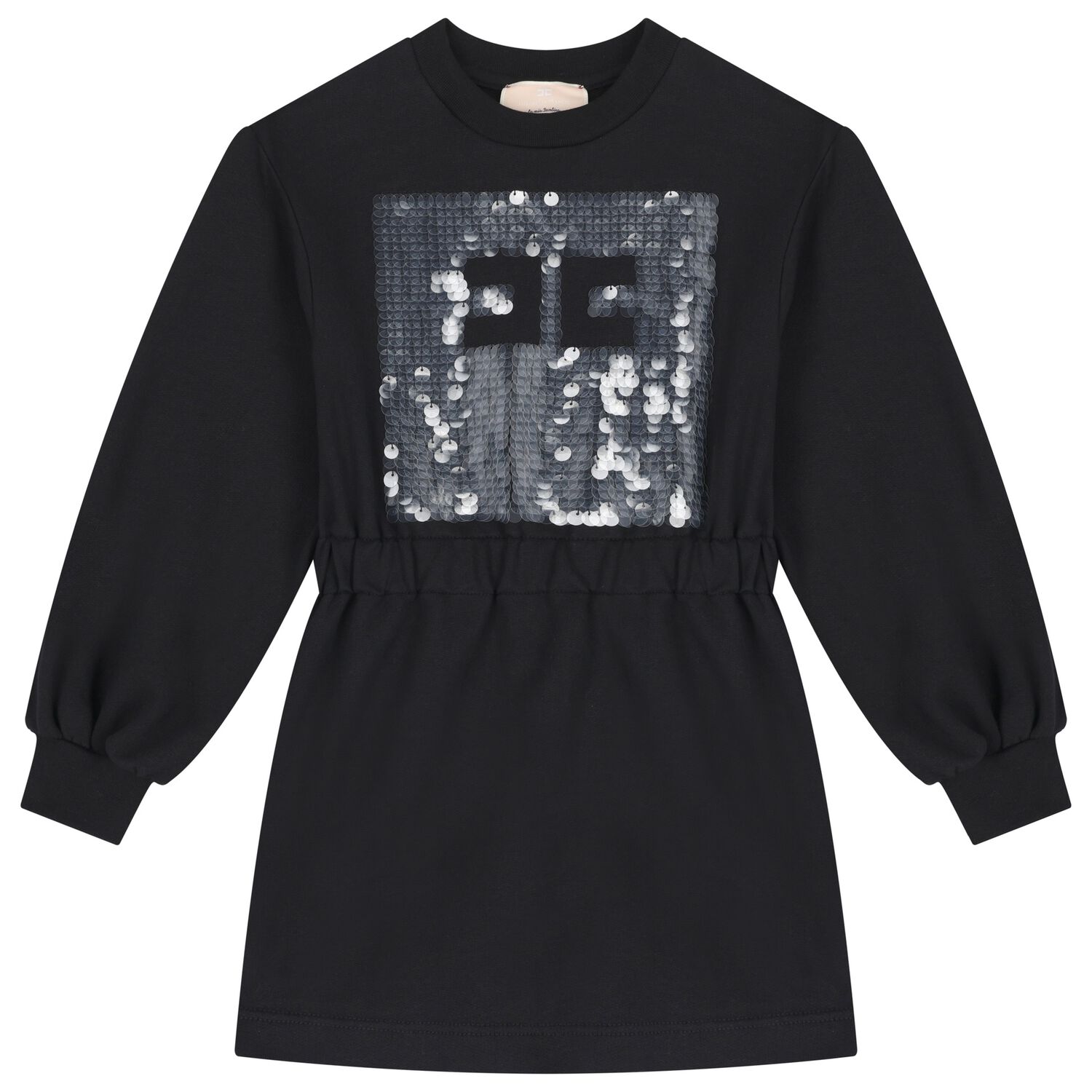 فستان بنات مطرز بالشعار باللون الاسود, 1, hi-res