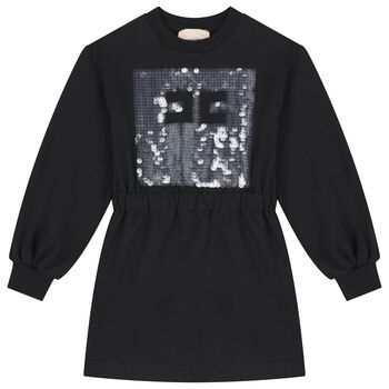 Girls Black Embellished Logo Dress
