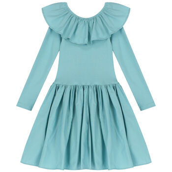 Girls Turquoise Ruffled Long Sleeve Dress