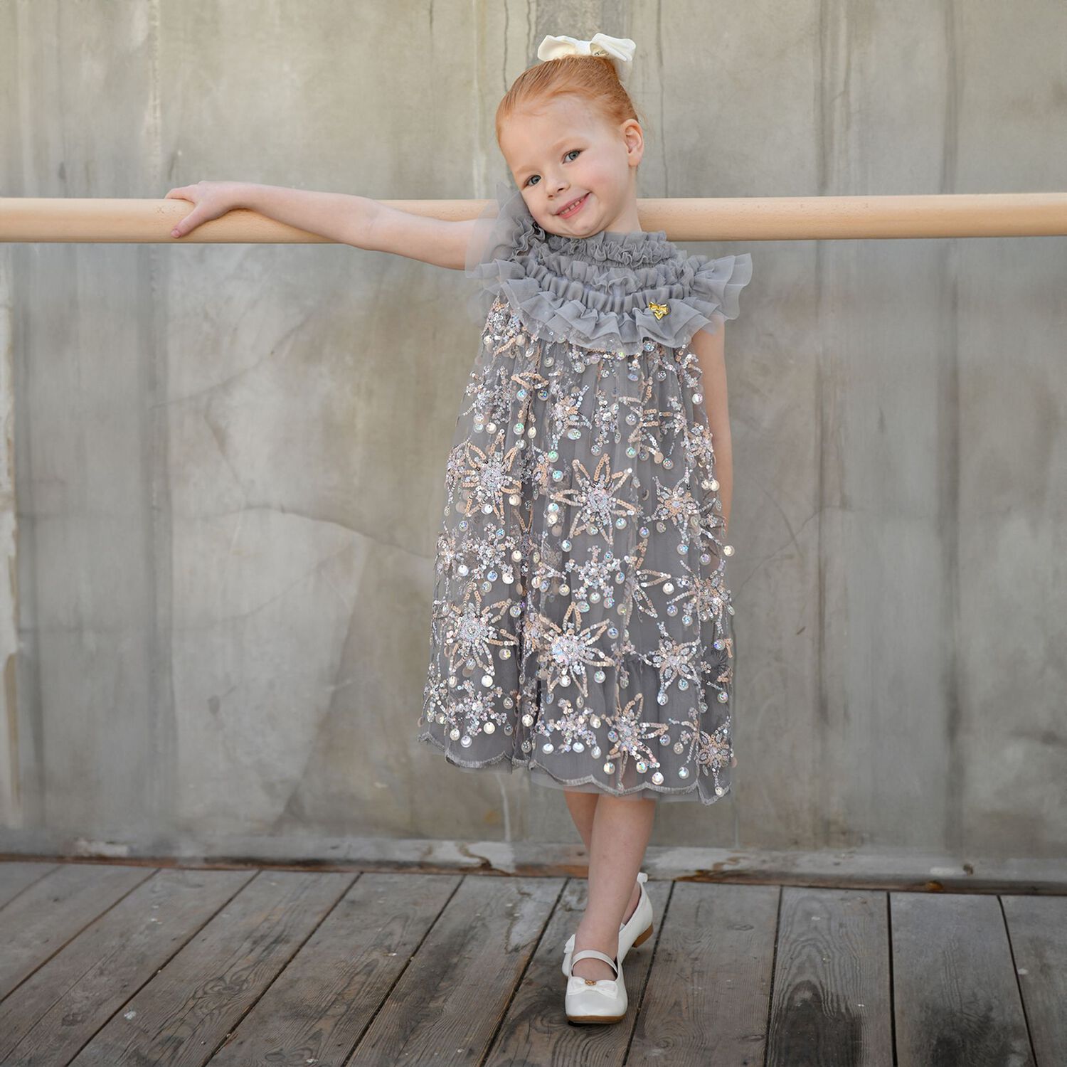 Girls Grey Flower Sequin Tulle Dominique Dress, 1, hi-res