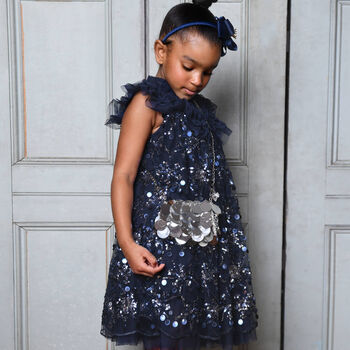 Girls Navy Blue Embellished Tulle Dress