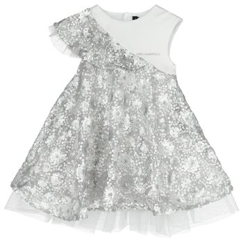 Girls White & Silver Logo Sequinned Organza Dress 