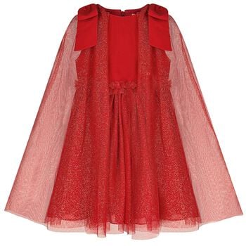 Girls Red Tulle & Chiffon Cape Dress