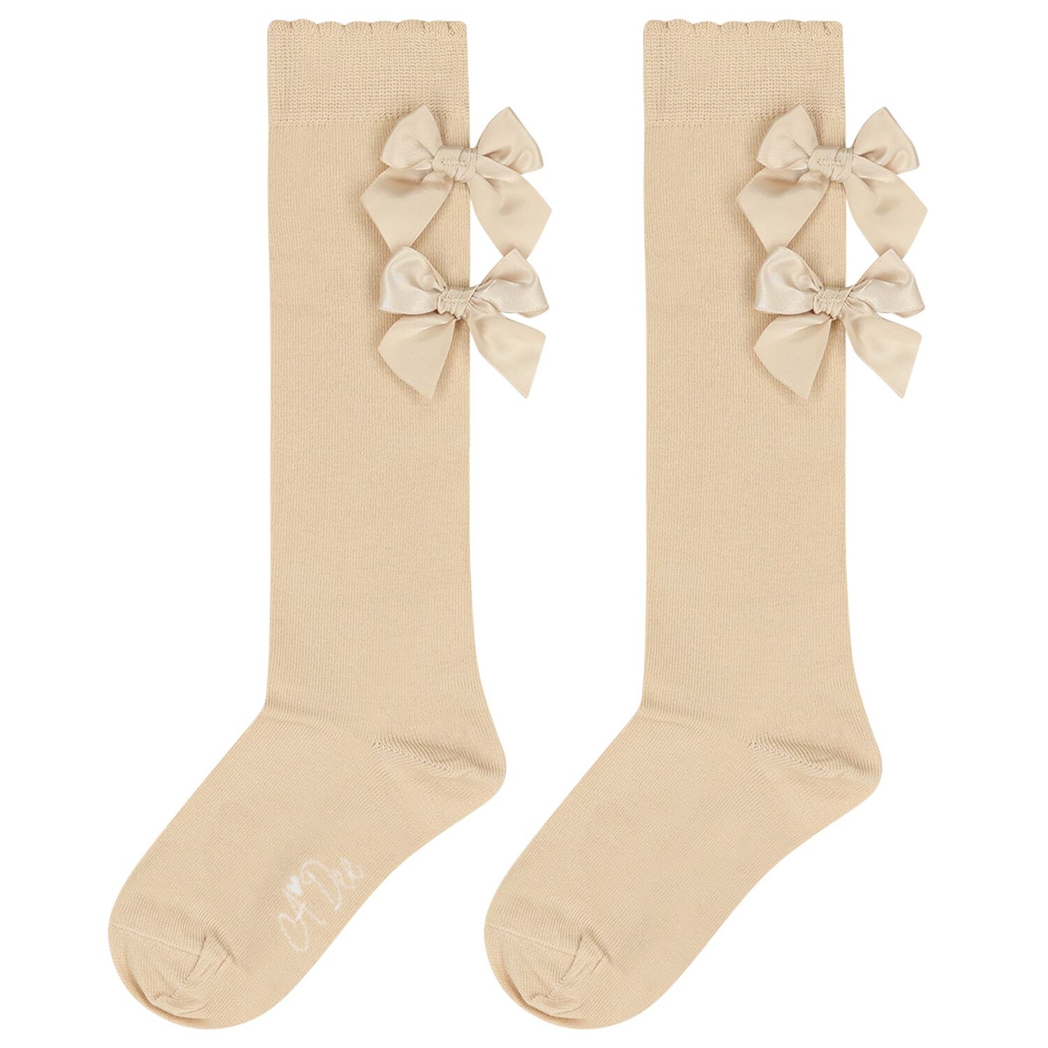 Girls Beige & Gold Bow Knee High Socks, 1, hi-res