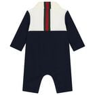 Baby Boys Ivory & Navy Blue Web Striped Romper, 1, hi-res