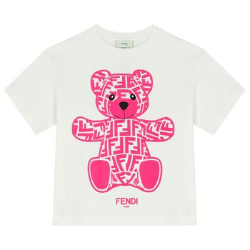 Girls Ivory & Pink Teddy Logo T-Shirt