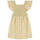 Girls Beige & Gold Logo Smocked Dress, 1, hi-res