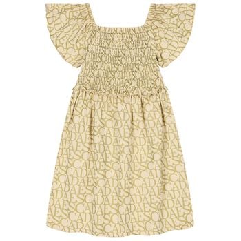 Girls Beige & Gold Logo Smocked Dress