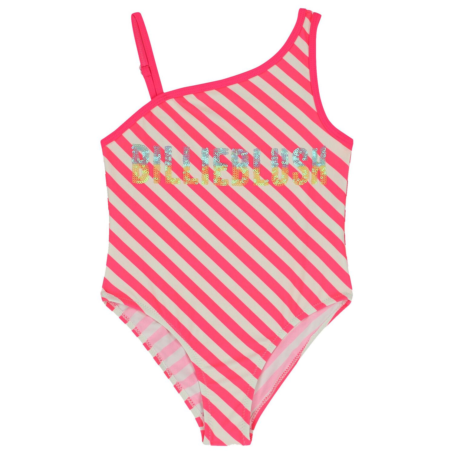Girls White & Pink Striped Logo Swimsuit, 1, hi-res image number null