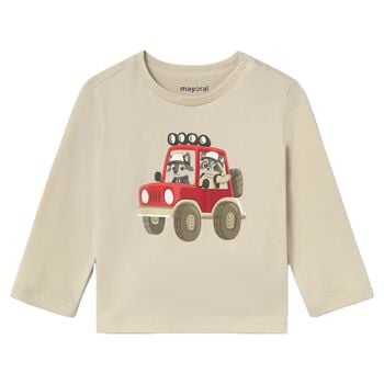 Younger Boys Beige Car Long Sleeve Top