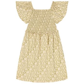 Girls Beige & Gold Logo Smocked Dress