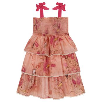 Girls Pink Floral & Bird Tiered Dress