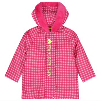 Girls Pink Gingham Logo Hooded Puffer Coat