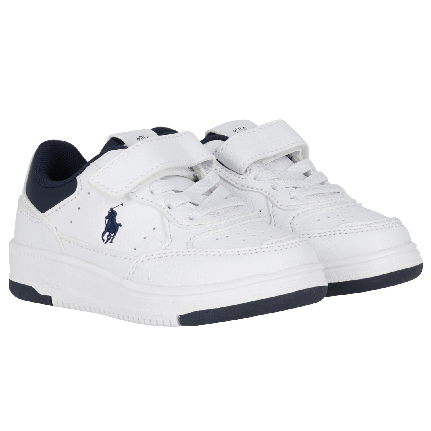 Boys White & Navy Blue Logo Trainers, 1, hi-res