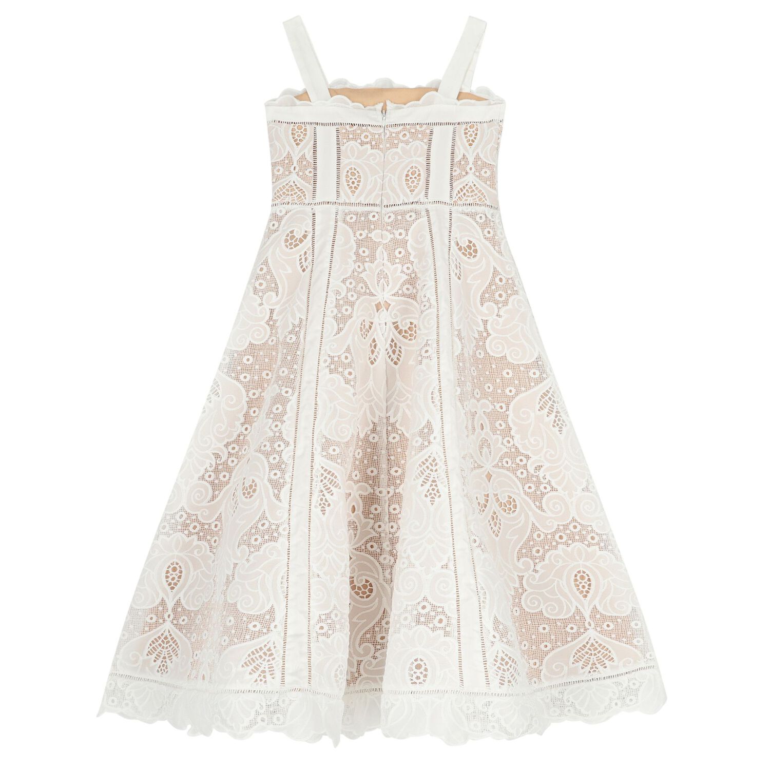 Girls White & Beige Lace Dress, 1, hi-res