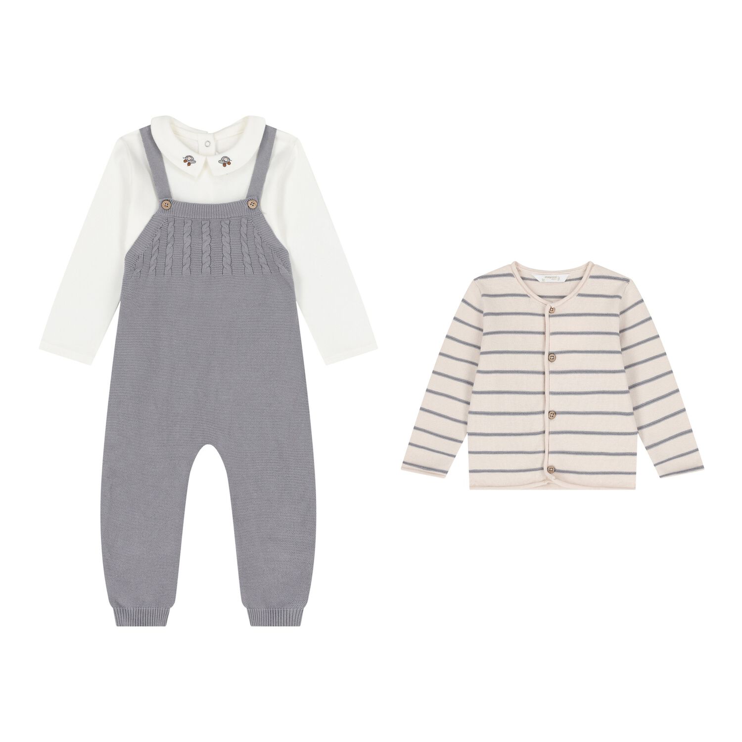 Baby Boys White, Beige & Grey Knitted Dungaree Set ( 3 Piece ), 1, hi-res