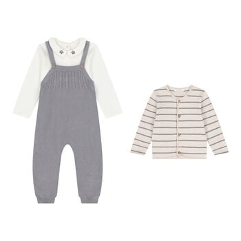 Baby Boys White, Beige & Grey Knitted Dungaree Set ( 3 Piece )
