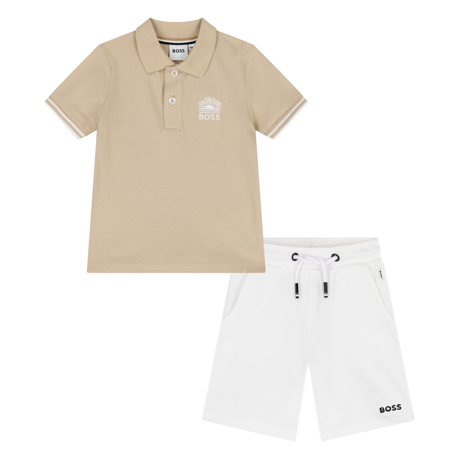  Younger Boys Beige & White Logo Shorts Set, 1, hi-res