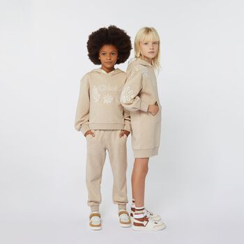 Girls Beige Embroidered Logo Hooded Top