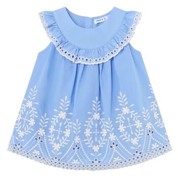 Younger Girls Blue & White Embroidered Dress