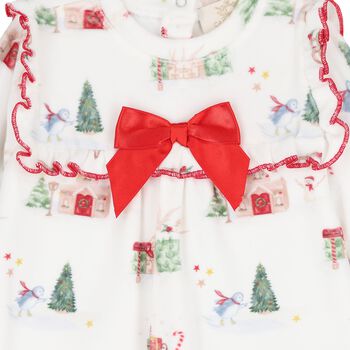 Baby Girls Ivory & Red Satin Bow Christmas Babygrow 