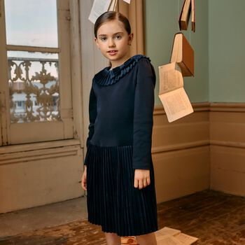 Girls Navy Blue Pleated Dress