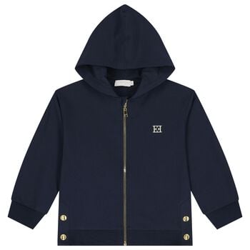 Girls Navy Blue Logo Hooded Zip Up Top