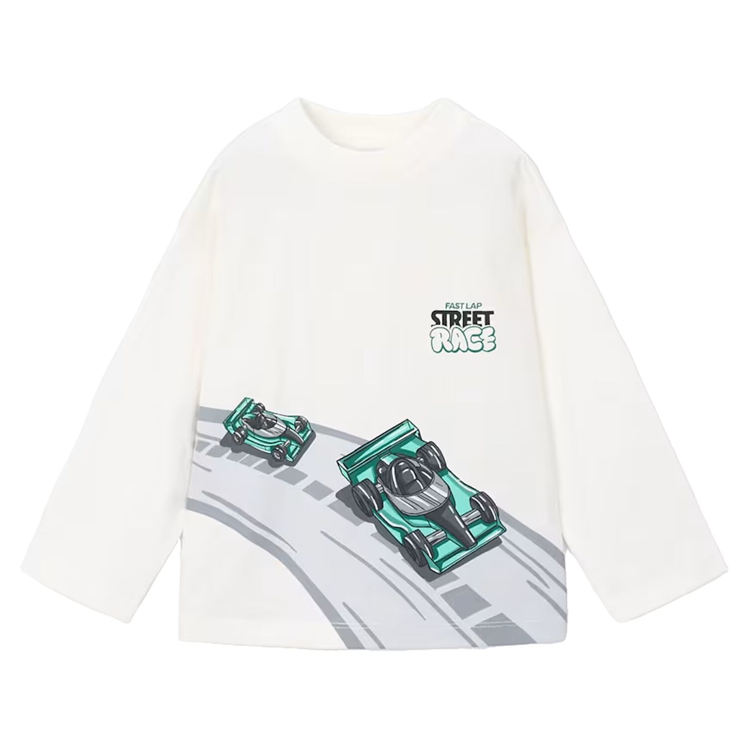 Boys White Race Car Long Sleeve Top, 2, hi-res