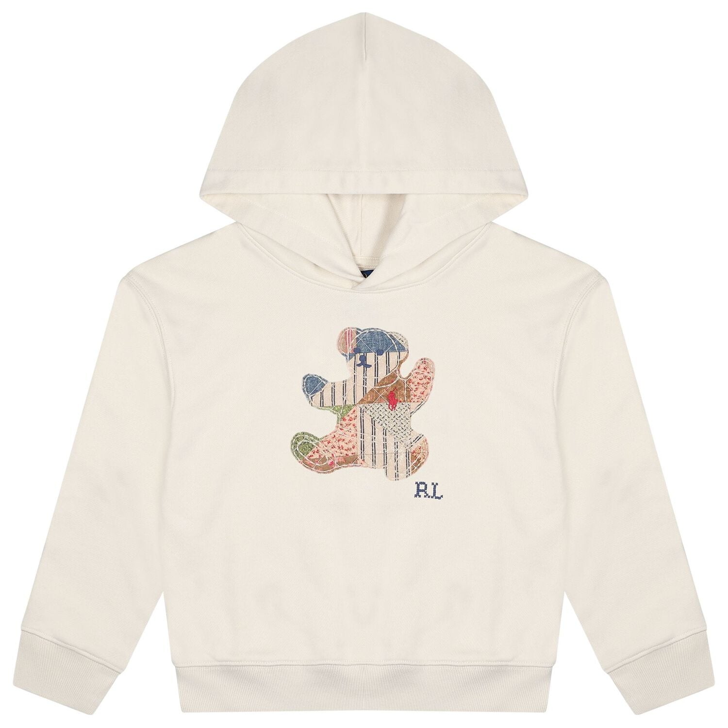 Girls Ivory Patchwork Bear Hooded Top, 1, hi-res