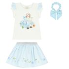 Girls White & Blue Striped Skirt Set, 2, hi-res