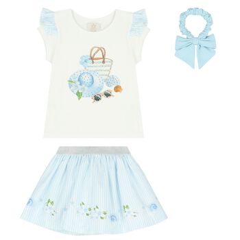 Girls White & Blue Striped Skirt Set