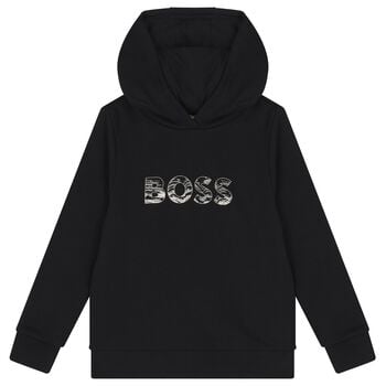Boys Black Logo Hooded Top
