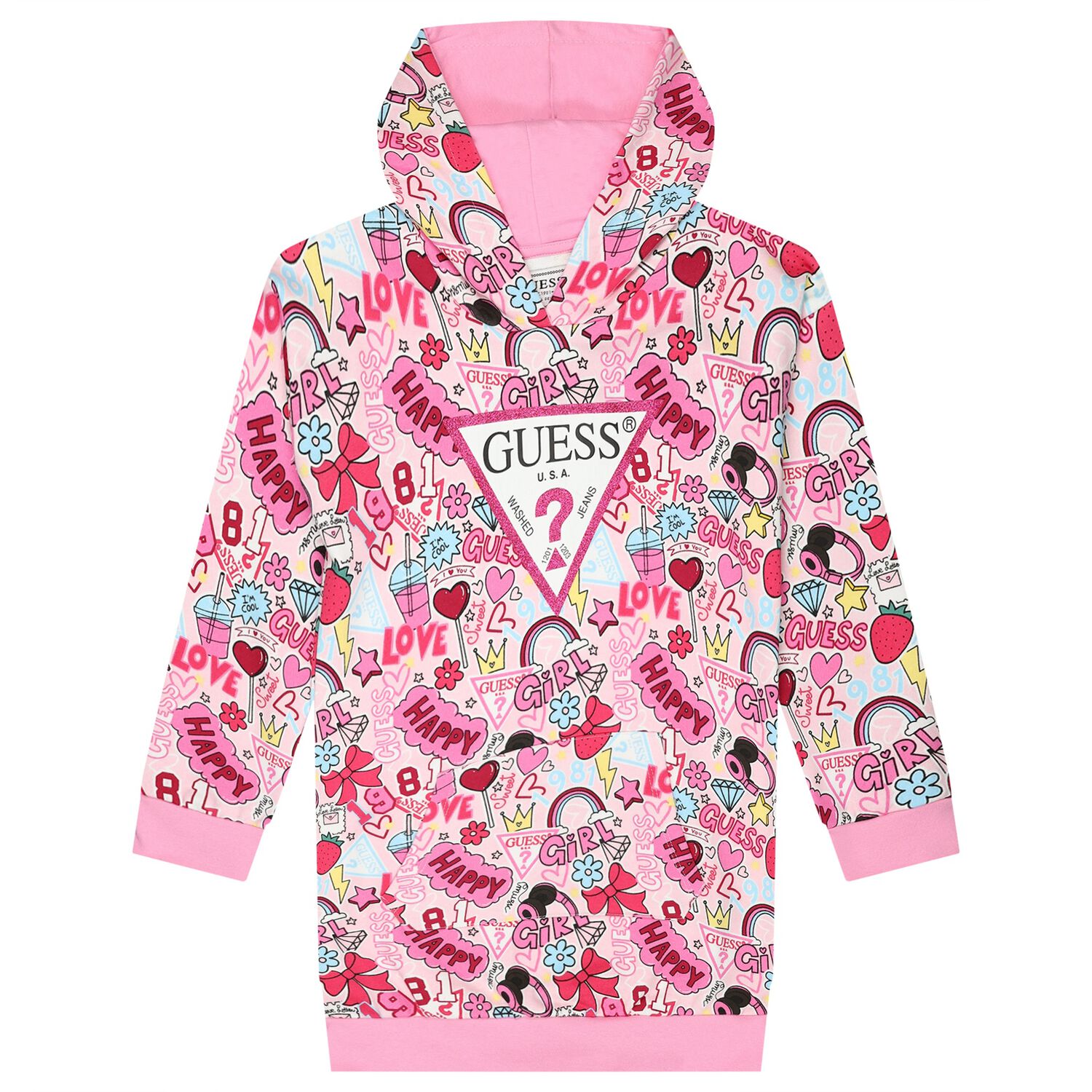 Girls Pink Logo Hooded Dress, 1, hi-res