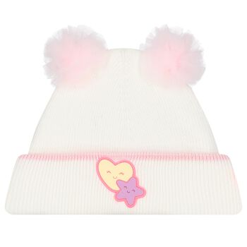 Baby Girls White Tulle Pom Pom Beanie Hat