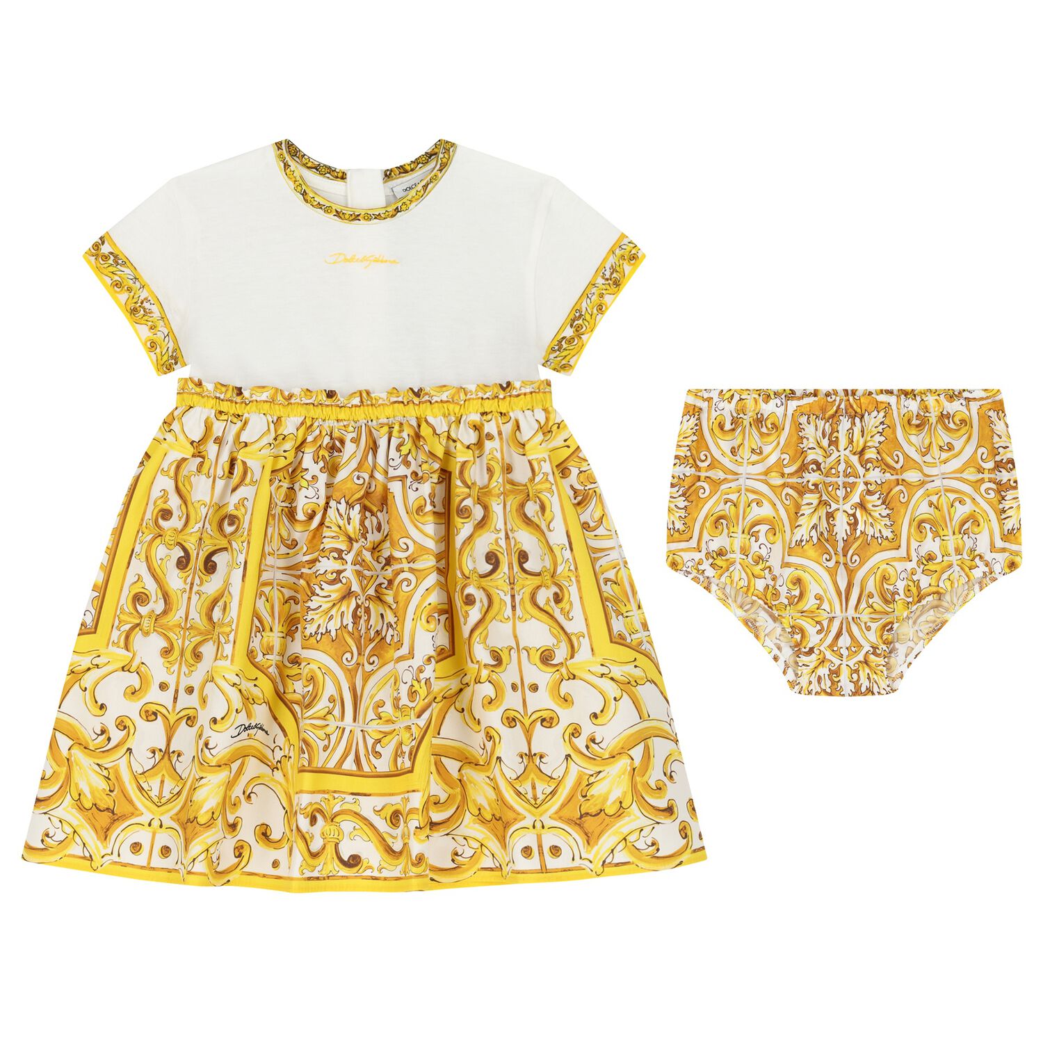 Baby Girls White & Yellow Majolica Dress Set, 1, hi-res image number null