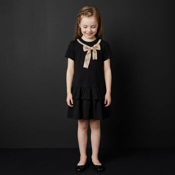 Girls Black & Beige Bow Logo Dress