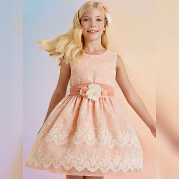 Girls Pink Embroidered Organza Dress