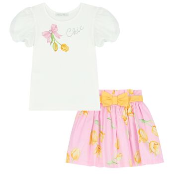 Girls White & Pink Floral Skirt Set